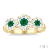 3.8 MM & 3 MM Emerald and 5/8 ctw Round Cut Diamond Precious Lovebright Past, Present and Future Ring in 14K Yellow Gold