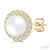 4.5 MM White Cultured Pearl and 1/8 Ctw Round Cut Diamond Halo Stud Earrings in 10K Yellow Gold