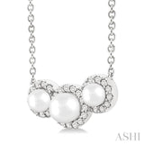 1/8 Ctw Past, Present & Future 4MM & 3MM Cultured Pearl and Round Cut Diamond Halo Pendant With Chain in 14K White Gold