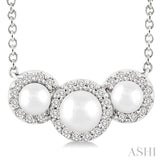 1/8 Ctw Past, Present & Future 4MM & 3MM Cultured Pearl and Round Cut Diamond Halo Pendant With Chain in 14K White Gold