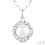 6 MM Cultured White Pearl and 1/6 Ctw Round Cut Diamond Halo Pendant With Chain in 10K White Gold