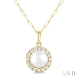 6 MM Cultured White Pearl and 1/6 Ctw Round Cut Diamond Halo Pendant With Chain in 10K Yellow Gold