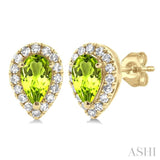 5x3 MM Pear Shape Peridot and 1/8 ctw Single Cut Diamond Halo Semi Precious Stud Earrings in 14K Yellow Gold