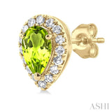 5x3 MM Pear Shape Peridot and 1/8 ctw Single Cut Diamond Halo Semi Precious Stud Earrings in 14K Yellow Gold