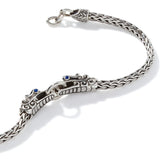 Naga Heritage Silver Double Dragon Head Slim Chain Bracelet 3.5mm with Lobster Clasp with Blue Sapphire Eyes, Size UM