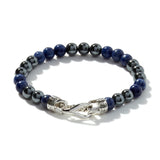 Men's Link Silver Bracelet with Hook Clasp with 8mm Sodalite and Hematite Beads Bracelet, Size UL