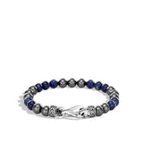 Men's Link Silver Bracelet with Hook Clasp with 8mm Sodalite and Hematite Beads Bracelet, Size UL