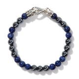 Men's Link Silver Bracelet with Hook Clasp with 8mm Sodalite and Hematite Beads Bracelet, Size UL