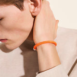 Men's Silver Bracelet on 6mm Round Orange Rubber & Stainless Steel Cord with Orange Enamel with Pusher Clasp Size UL