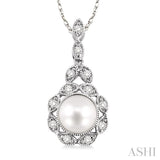 6.5mm Cultured Pearl and 1/10 Ctw Single Cut Diamond Pendant in 14K White Gold with Chain