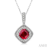 5x5 MM Cushion Cut Ruby and 1/5 Ctw Round Cut Diamond Pendant in 14K White Gold with Chain