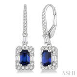 5x3 MM Octagon Cut Sapphire and 1/2 Ctw Round Cut Diamond Earrings in 14K White Gold