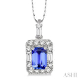 6x4 MM Octagon Cut Tanzanite and 1/3 Ctw Round Cut Diamond Pendant in 14K White Gold with Chain