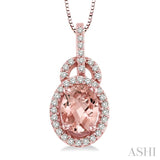8x6mm Oval Cut Morganite and 1/4 Ctw Round Cut Diamond Pendant in 14K Rose Gold with Chain