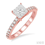 1/2 Ctw Round and Princess Cut Diamond Lovebright Engagement Ring in 14K Rose and White Gold