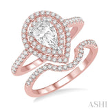 5/8 Ctw Diamond Wedding Set in 14K With 1/2 Ctw Pear Shape Engagement Ring in Rose and White Gold and 1/8 Ctw U-Cut Center Wedding Band in Rose Gold