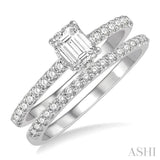 5/8 ctw Diamond Wedding Set With 1/4 ctw Emerald Cut Center Stone Engagement Ring and 1/6 ctw Wedding Band in 14K White Gold