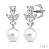1/4 ctw Round Cut Diamond and 8MM White Cultured Pearl Earrings in 14K White Gold