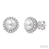 8x8mm Cultured Pearl and 1/3 Ctw Round Cut Diamond Earrings in 14K White Gold
