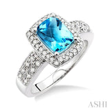 8x6mm Cushion Cut Blue Topaz and 1/3 Ctw Round Cut Diamond Ring in 14K White Gold
