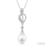 9x7mm Briolette Cut Cultured Pearl and 1/20 Ctw Round Cut Diamond Drop Pendant in 10K White Gold with Chain