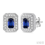 5x3 mm Octagon Cut Sapphire and 1/4 Ctw Round Cut Diamond Earrings in 14K White Gold