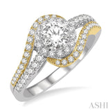 1 Ctw Swirl Round Diamond Two Tone Ladies Engagement Ring with 1/2 Ct Round Cut Center Stone in 14K White and Yellow Gold