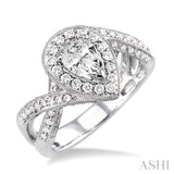 3/4 ctw Pear Shape Twisted Split Shank Semi-Mount Round Cut Diamond Engagement Ring in 14K White Gold